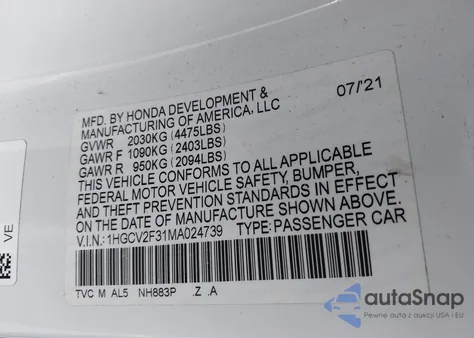 2021 Honda Accord Sport 2.0T z USA, uszkodzony, nr VIN 1HGCV2F31MA024739